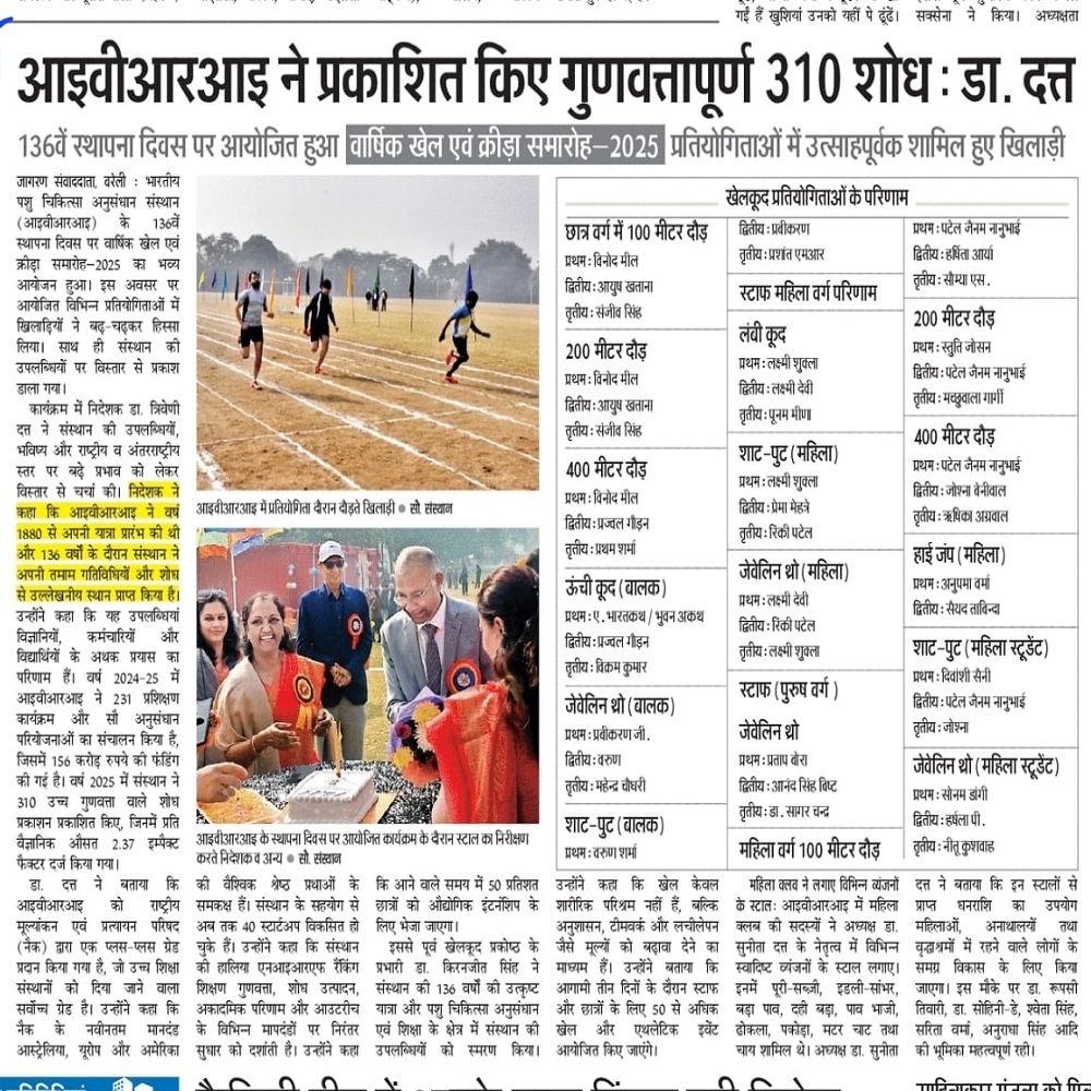 आइवीआरआइ ने प्रकाशित किए गुणवत्तापूर्ण 310 शोध ः डा. दत्त