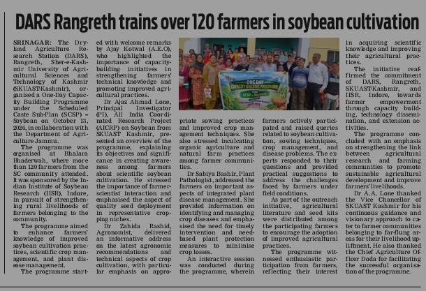 DARS Rangreth trains over 120 farmers in soybean cultivation