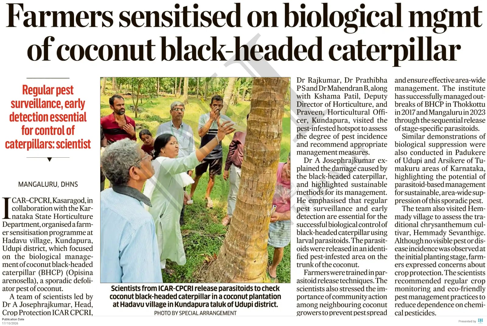 Farmers sensitised on biological mgmt of coconut black-headed caterpillar