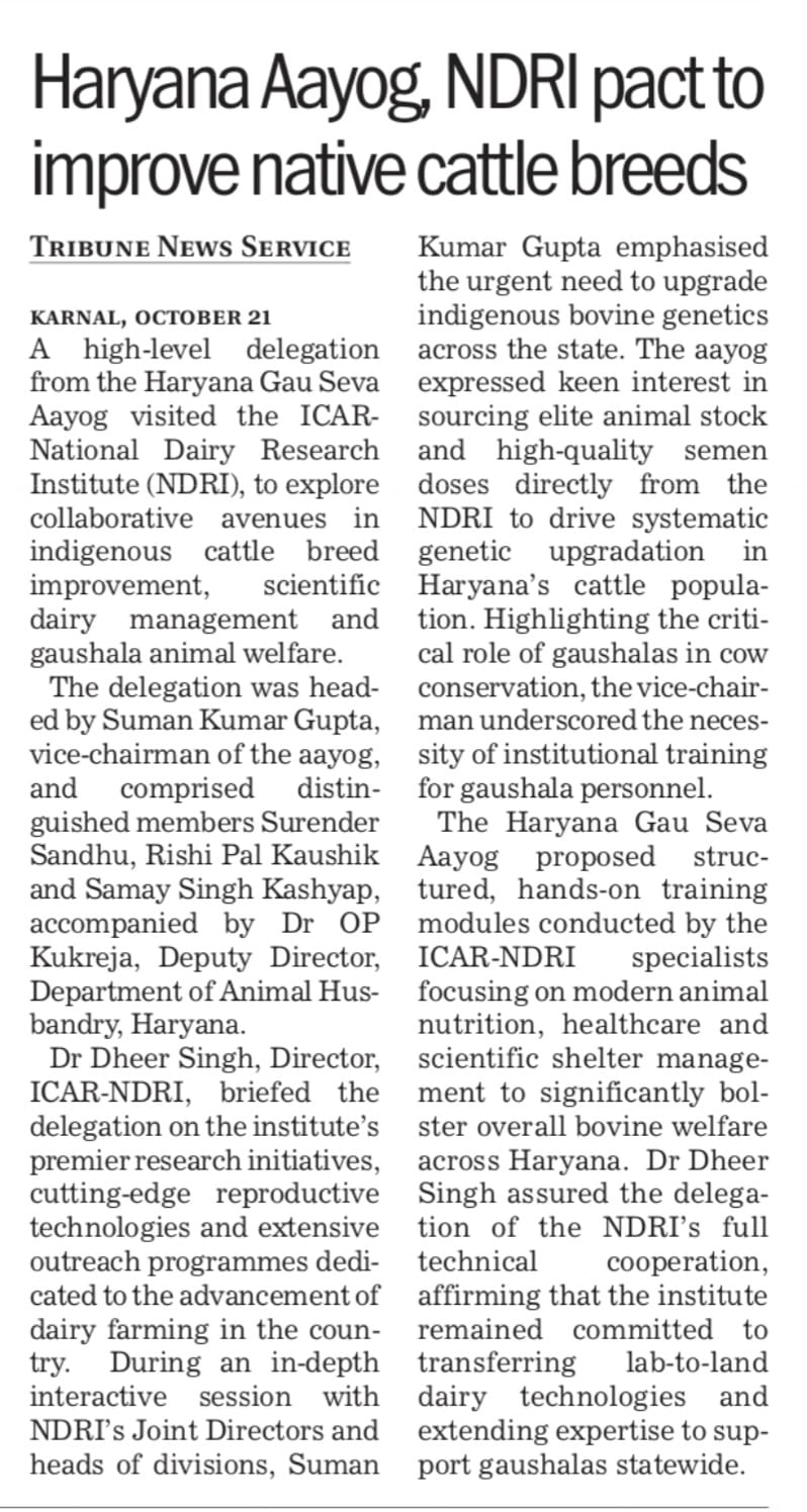 Haryana Aayog, NDRI pact to improve native cattle breeds